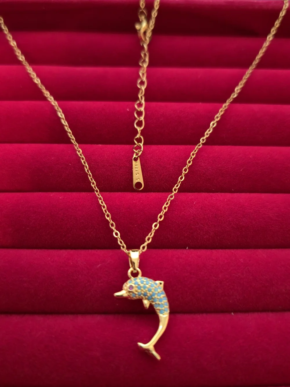 Gold Dolphin Pendant Necklace with Blue Zircon Accents Sea Life Beach Summer B03